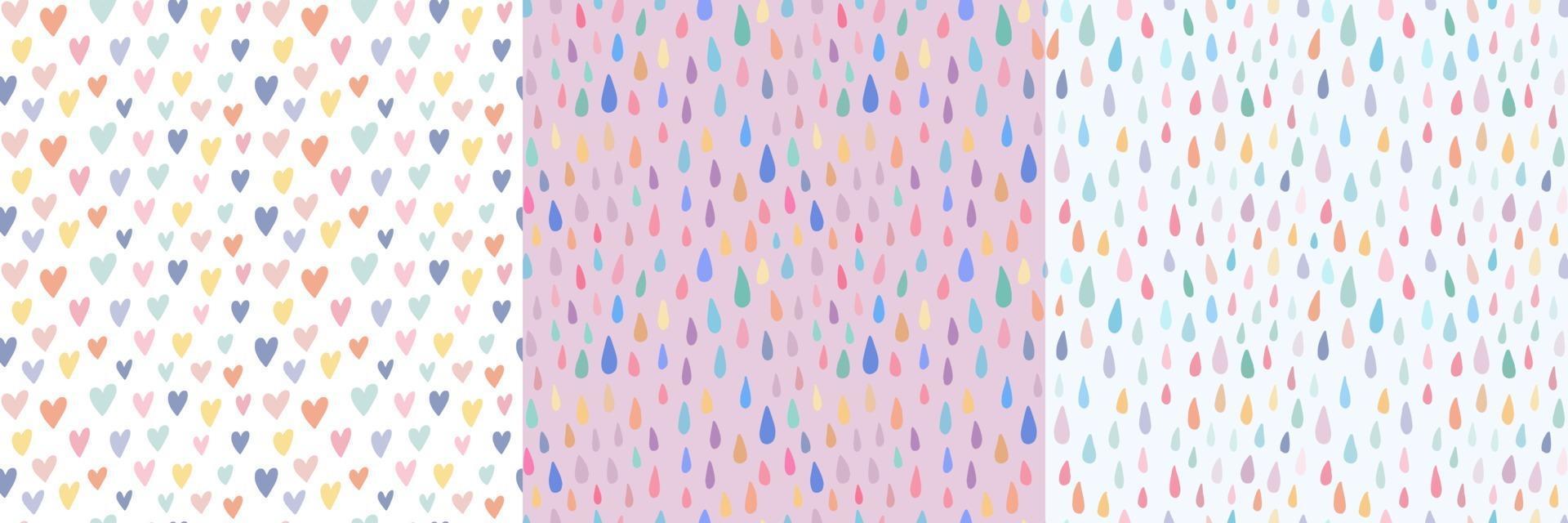Set of three cute simple childish seamless pattern with hearts, rain vector