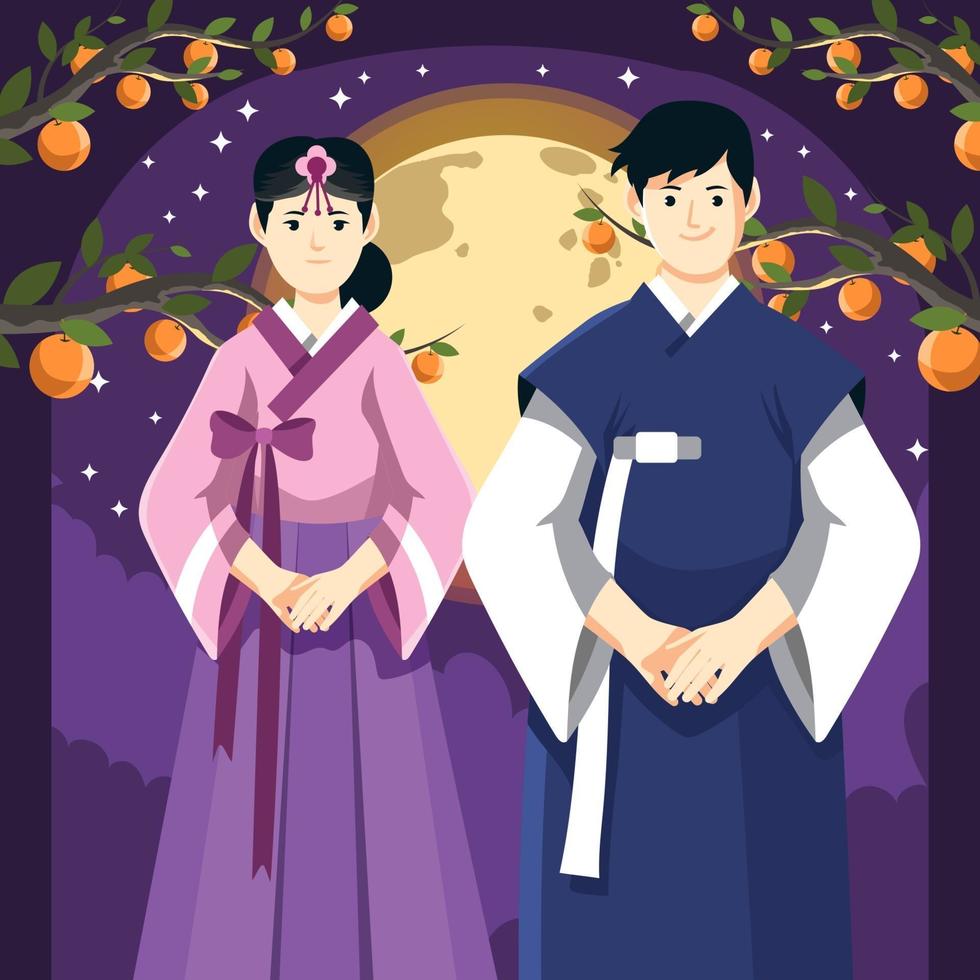 luz de la luna festival chuseok pareja hanbok vector