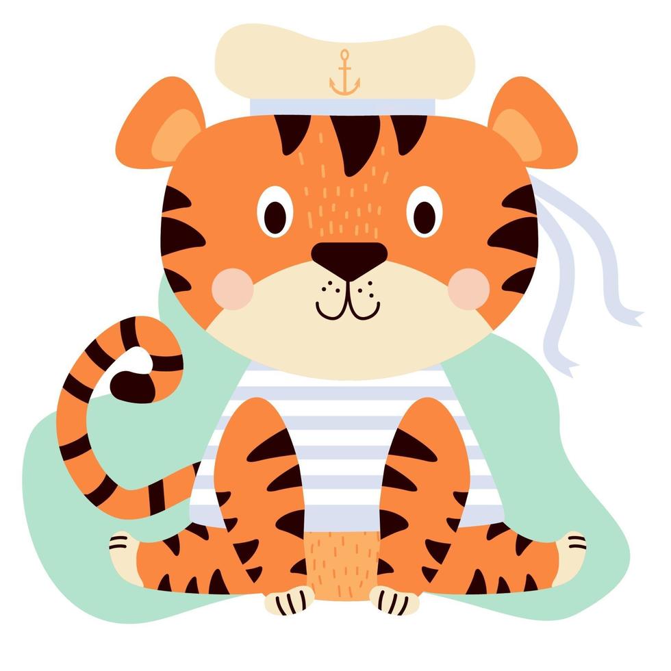 un lindo tigre con un chaleco marino y un sombrero con cintas vector