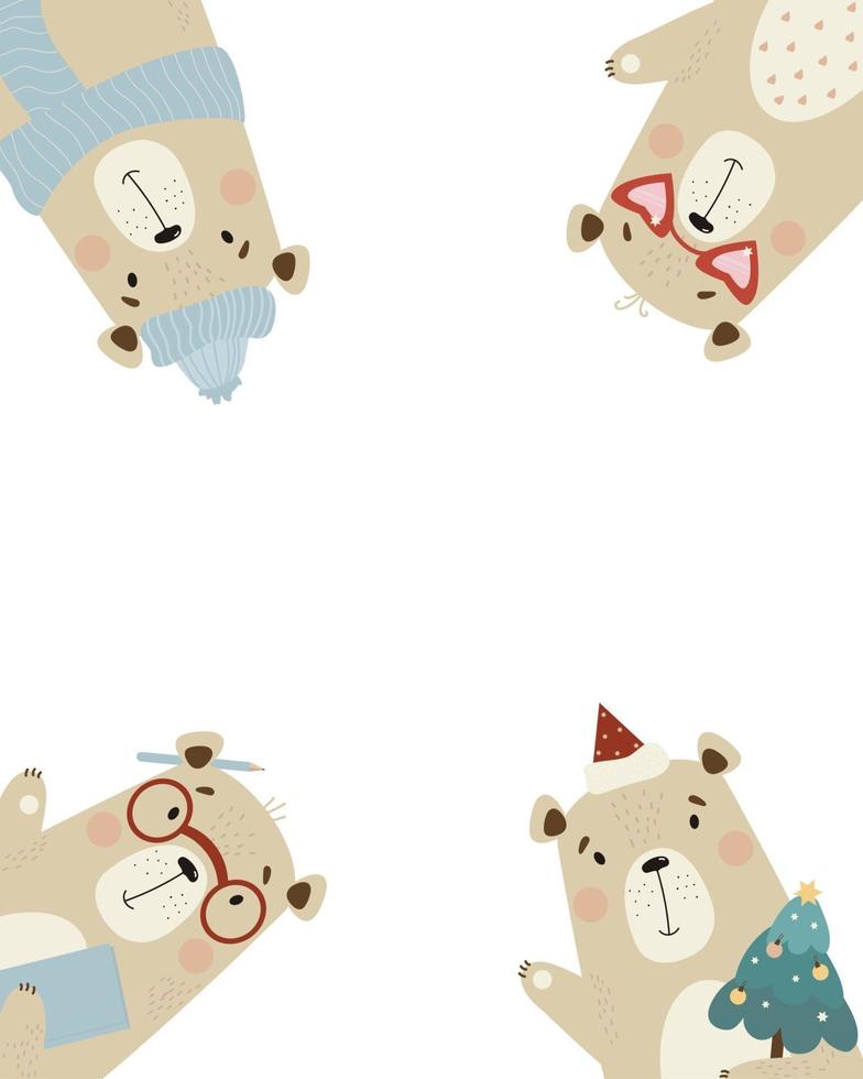 marco, postal con lindos osos con gafas, con árbol de navidad vector