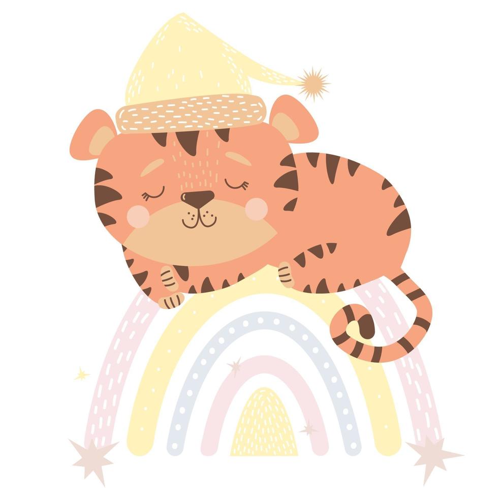 tigre lindo en gorro de dormir duerme en el arco iris. vector. escandinavo vector