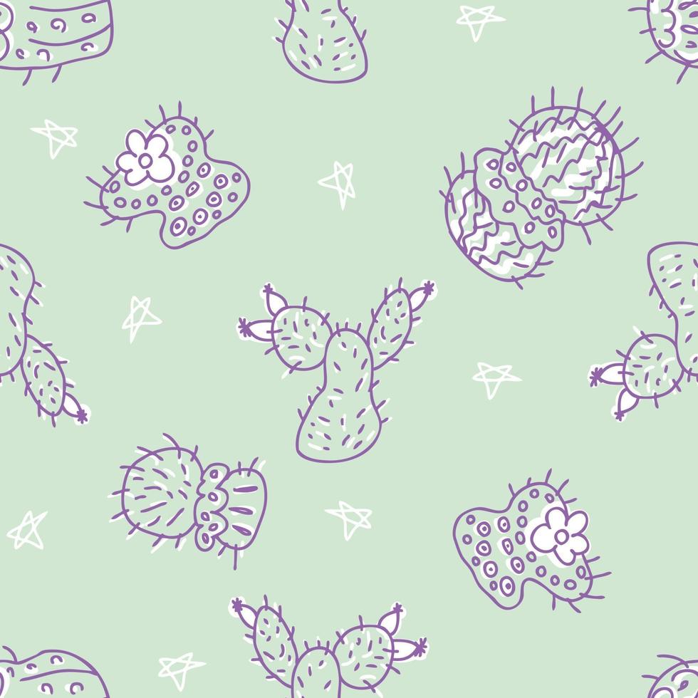 Doodle vector seamless pattern of cacti with stars