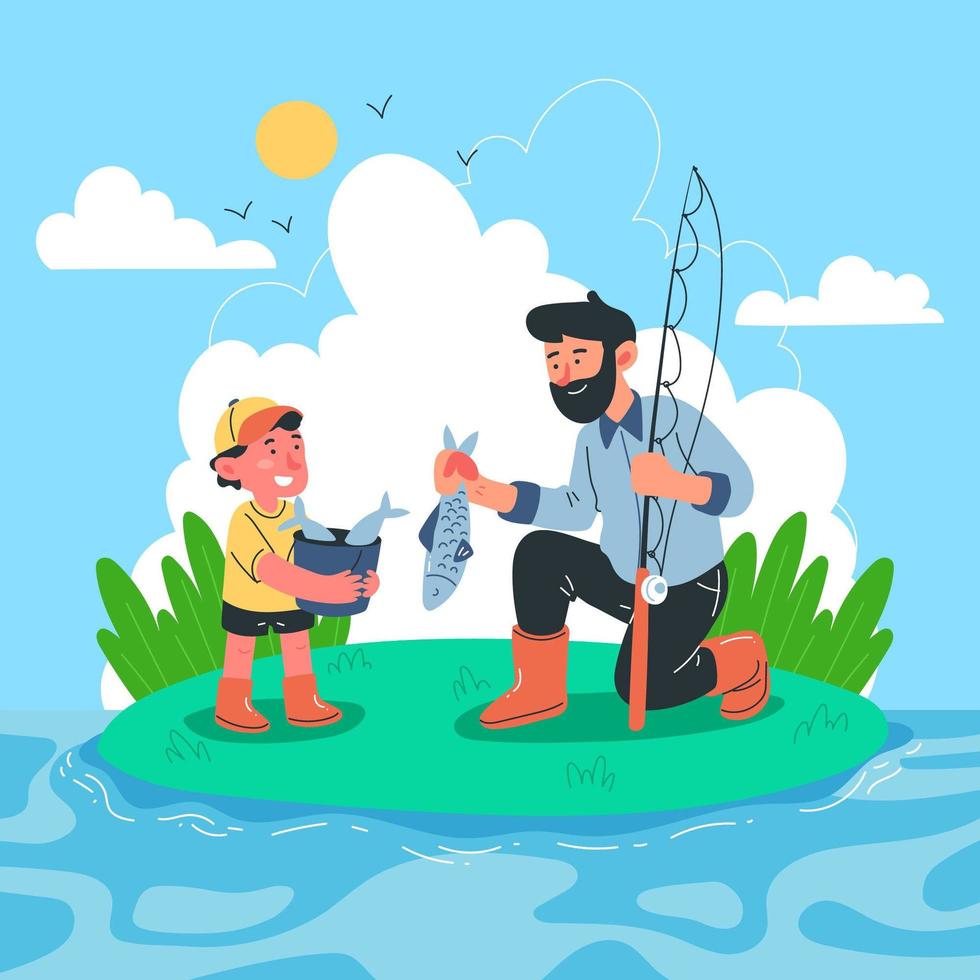 Father and Son Fishing Together vector