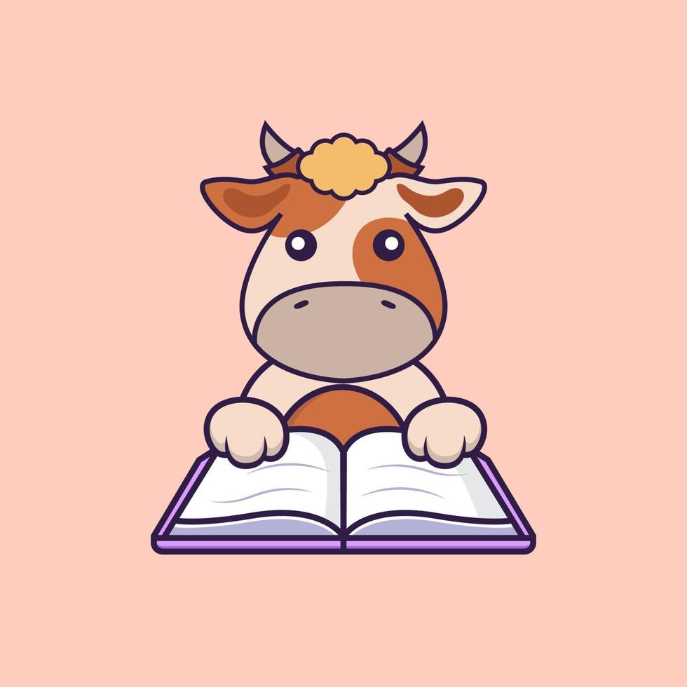 Cute cow reading a book. vector