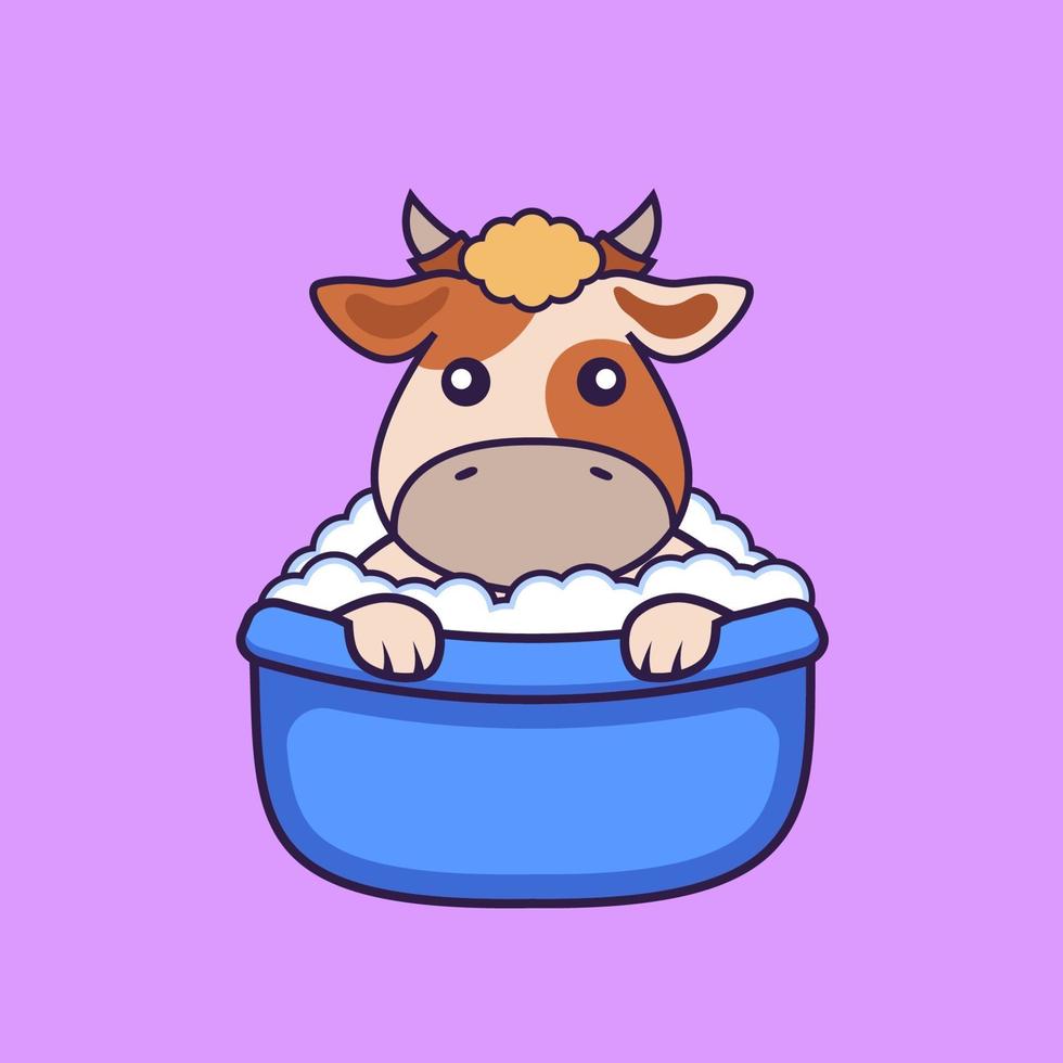 Cute cow taking a bath in the bathtub. vector