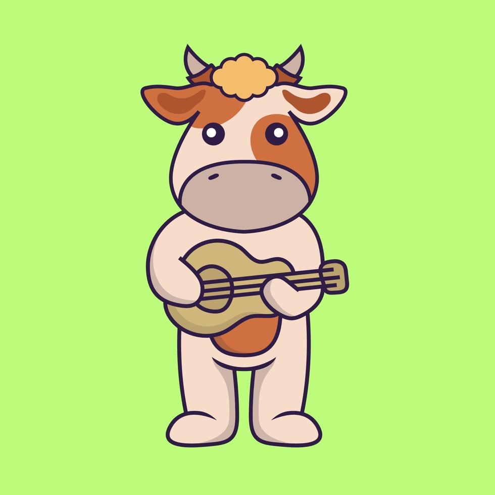 Cute cow playing guitar. vector