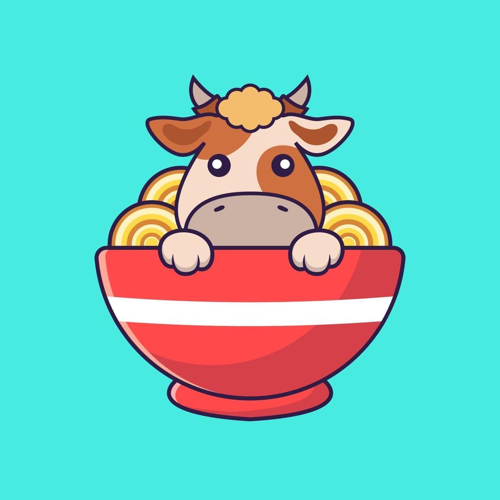 Cute cow eating ramen noodles. vector