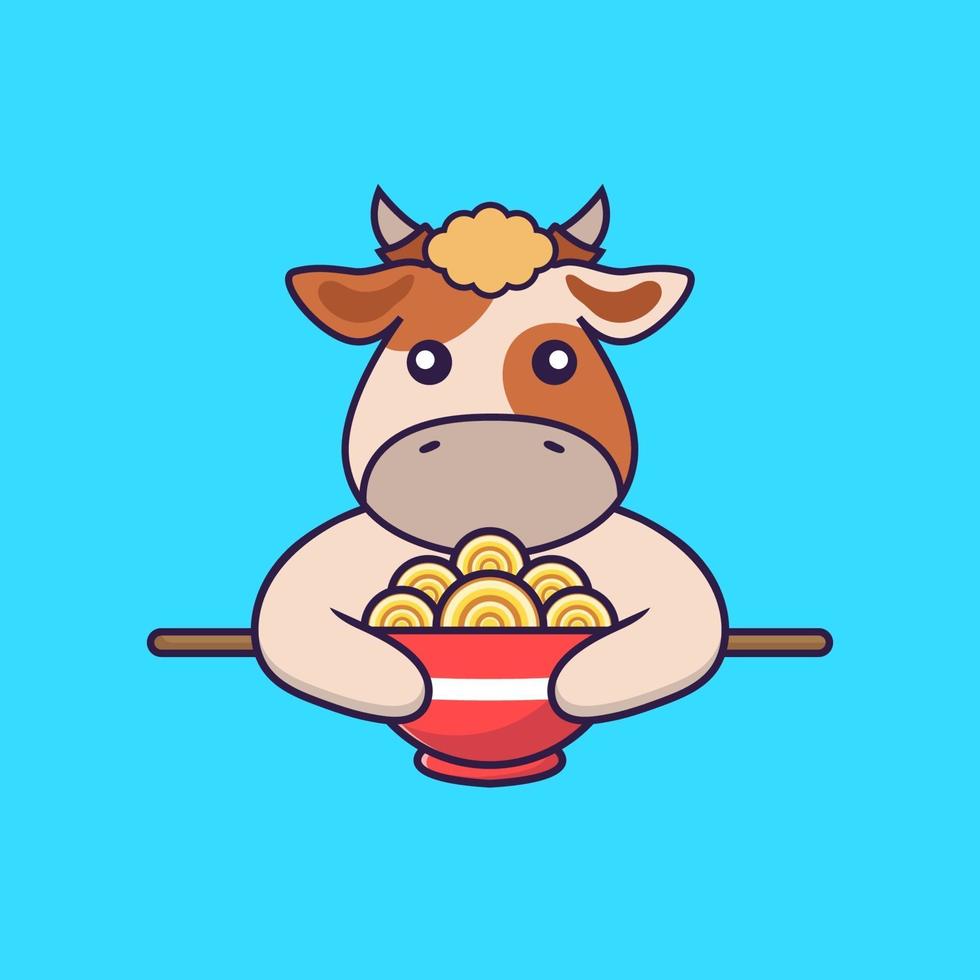 Cute cow eating ramen noodles. vector