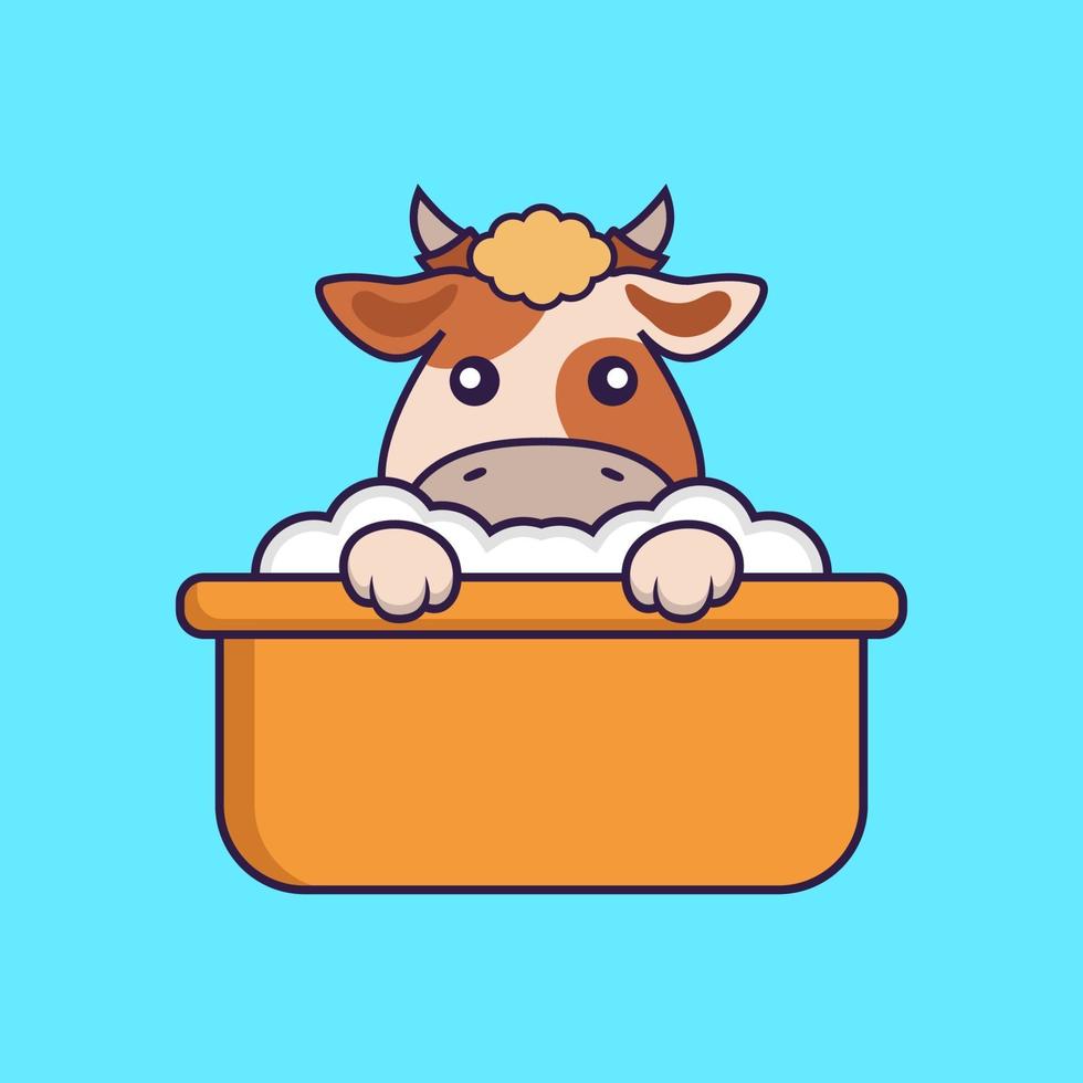 Cute cow taking a bath in the bathtub. vector