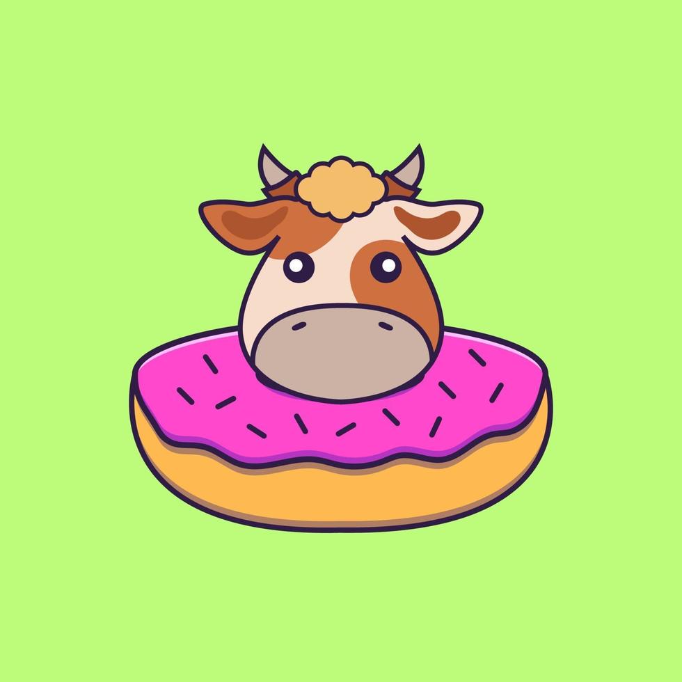 Cute cow with a donut on his neck. vector