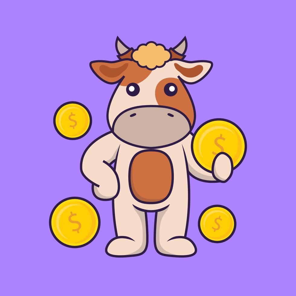 Cute cow holding coin. vector