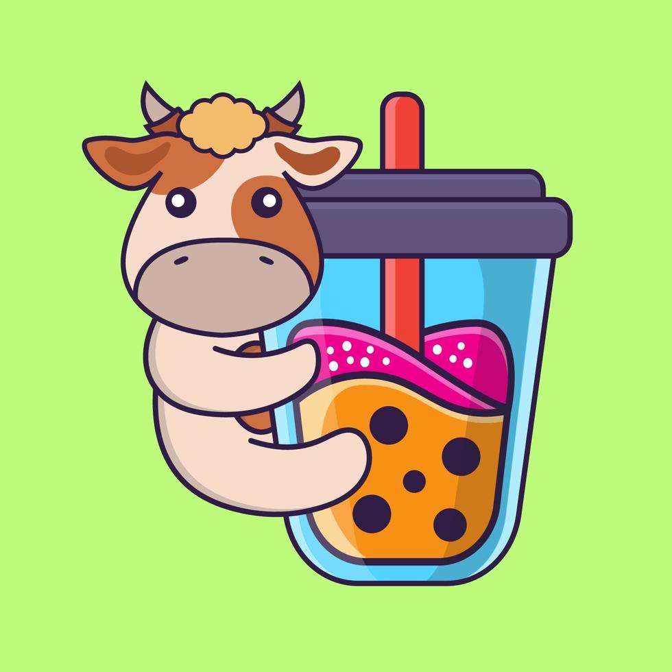 Cute cow Drinking Boba milk tea. vector