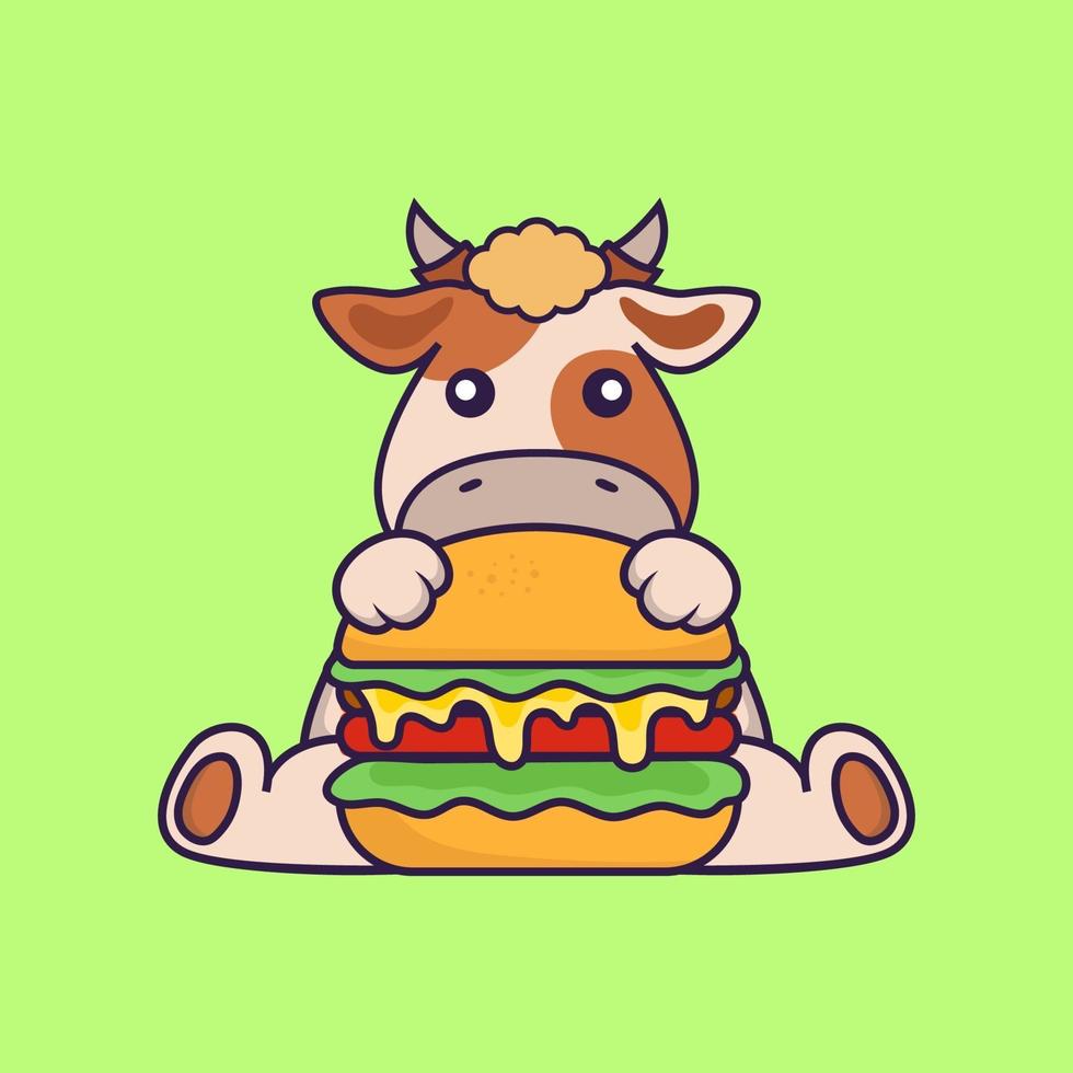 Cute cow eating burger. vector