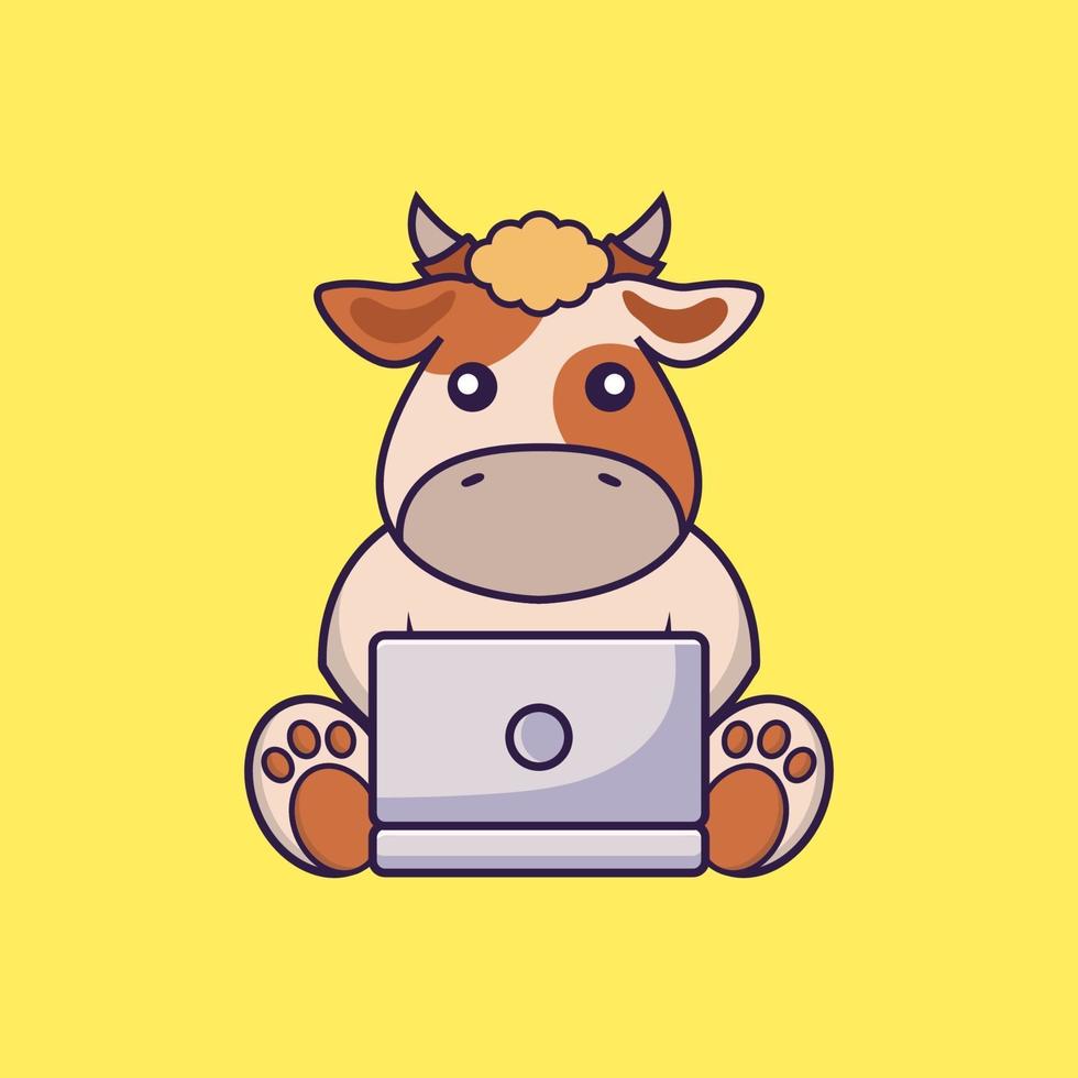 Cute cow using laptop. vector