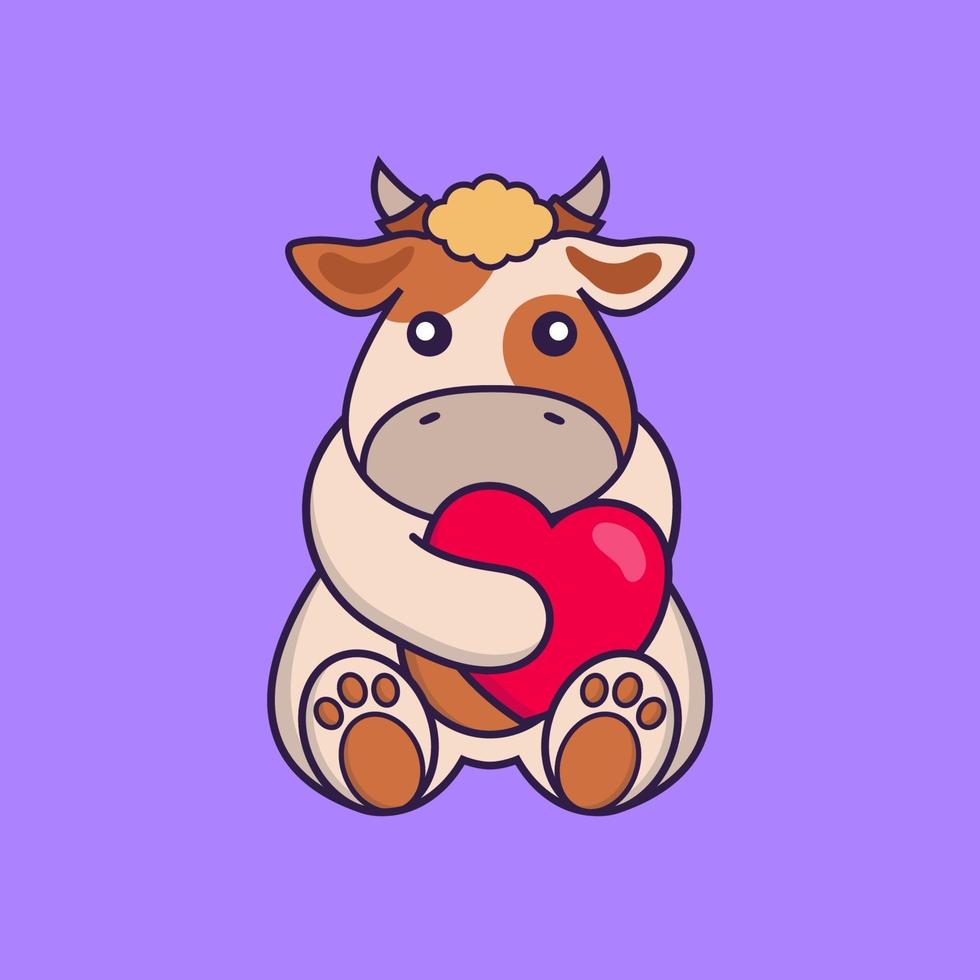 Cute cow holding a big red heart. vector