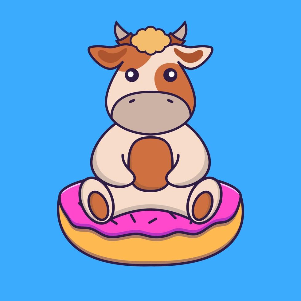 Cute cow is sitting on donuts. vector