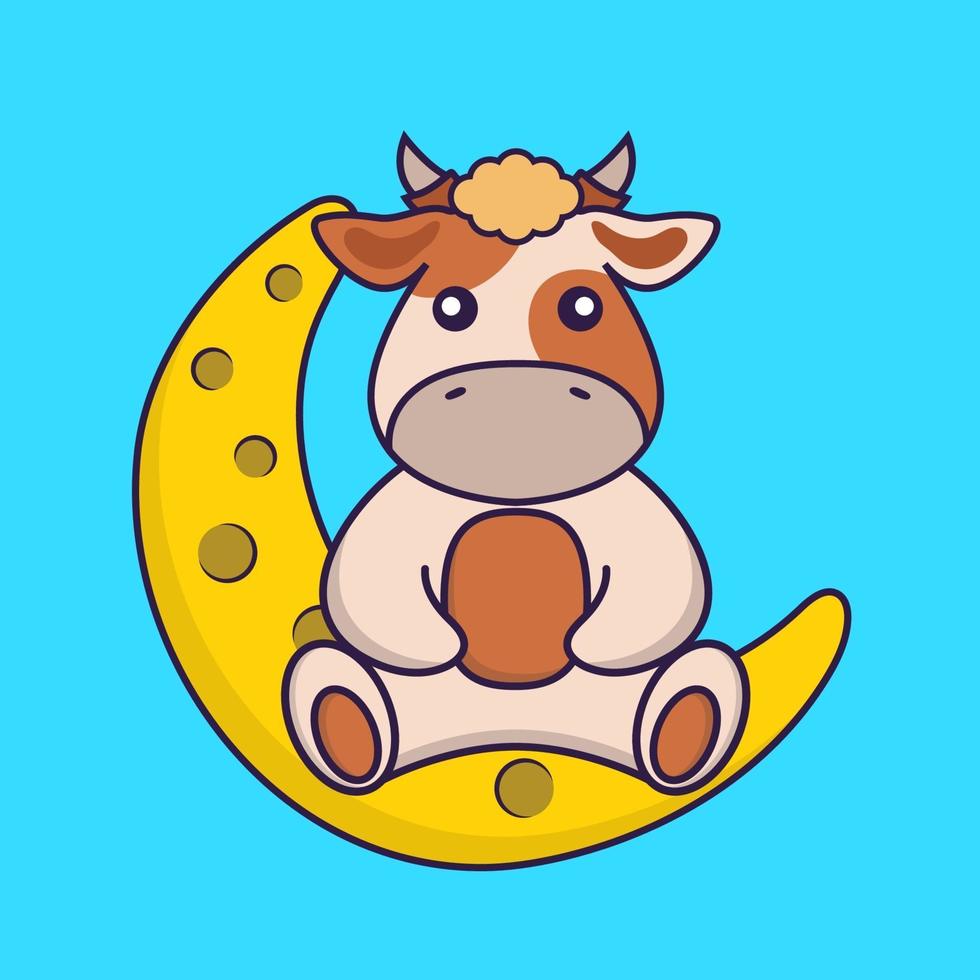 Cute cow is sitting on the moon. vector