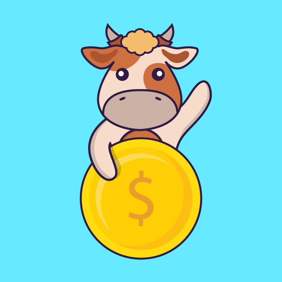 linda vaca sosteniendo una moneda. vector
