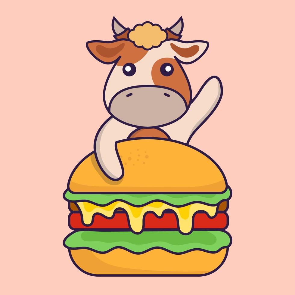 Cute cow eating burger. vector