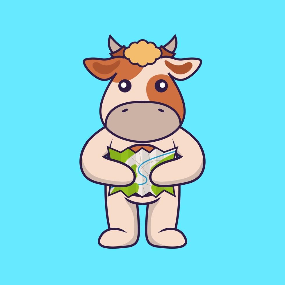 Cute cow holding a map. vector