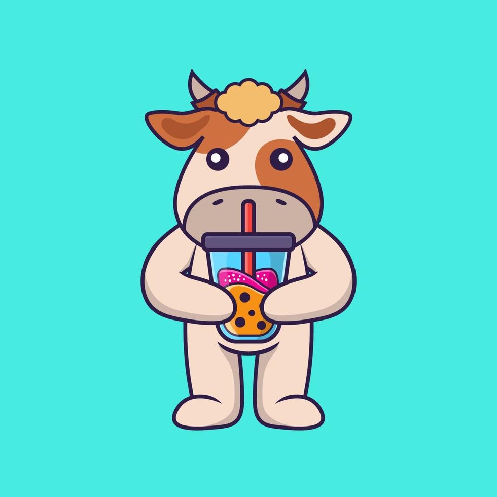 Cute cow Drinking Boba milk tea. vector