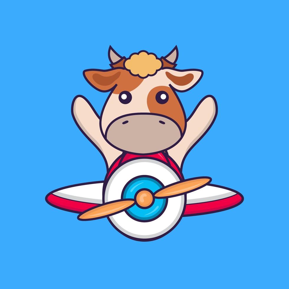 Cute cow flying on a plane. vector