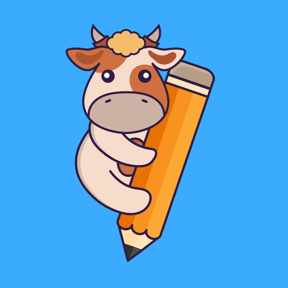 Cute cow holding a pencil. vector