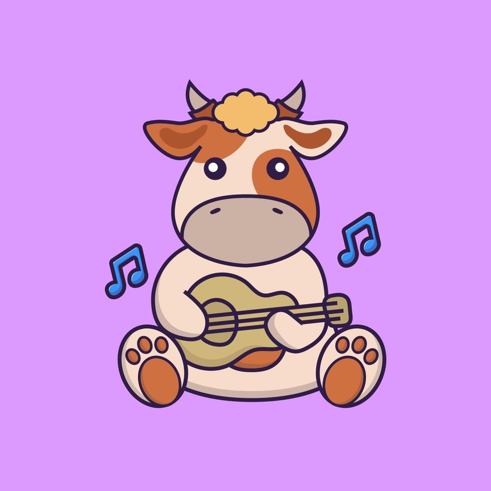 Cute cow playing guitar. vector