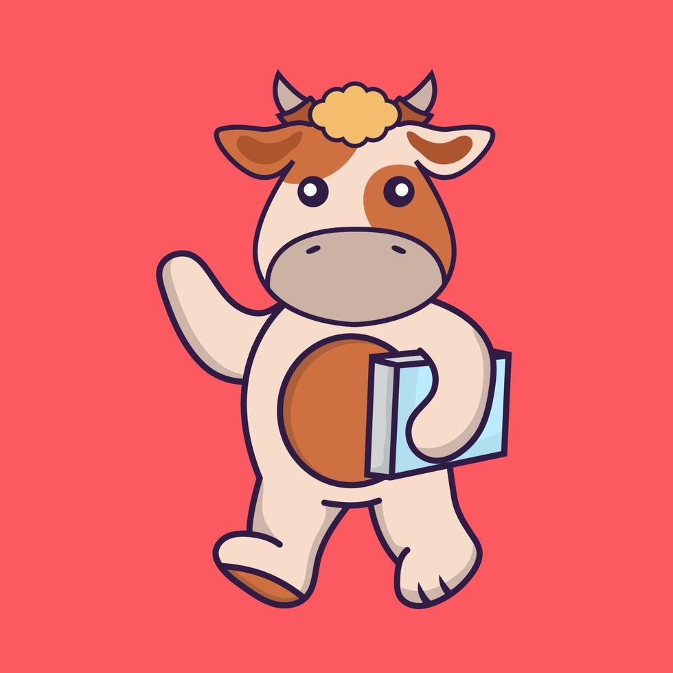 Cute cow holding a book. vector