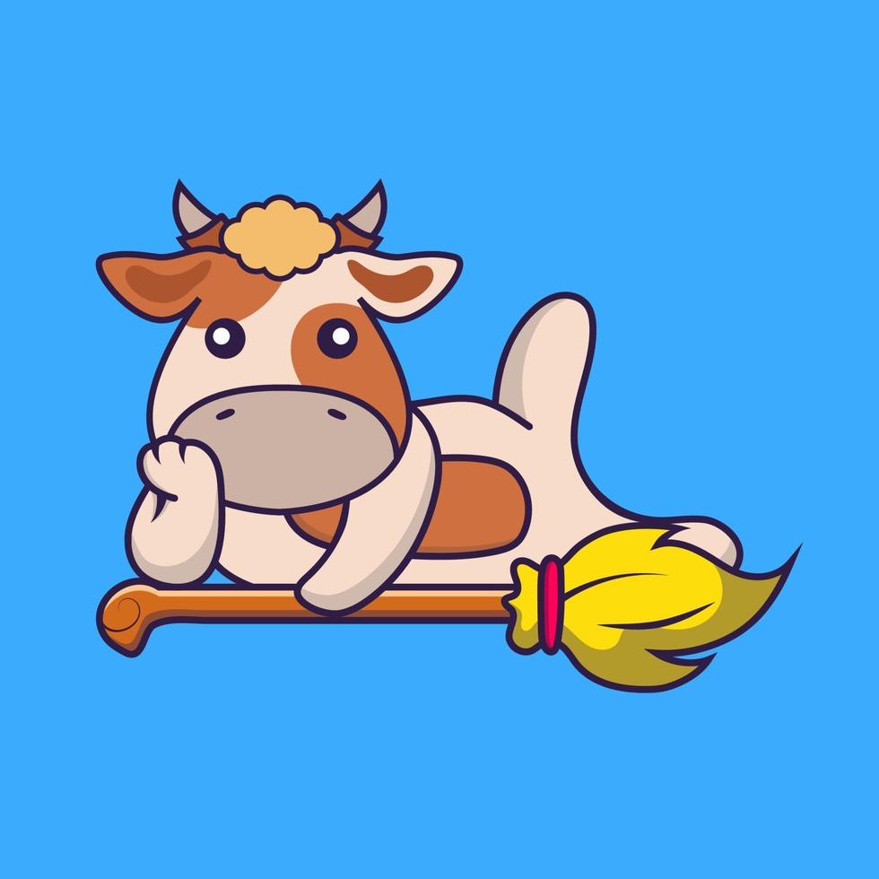 Cute cow lying on Magic Broom. vector