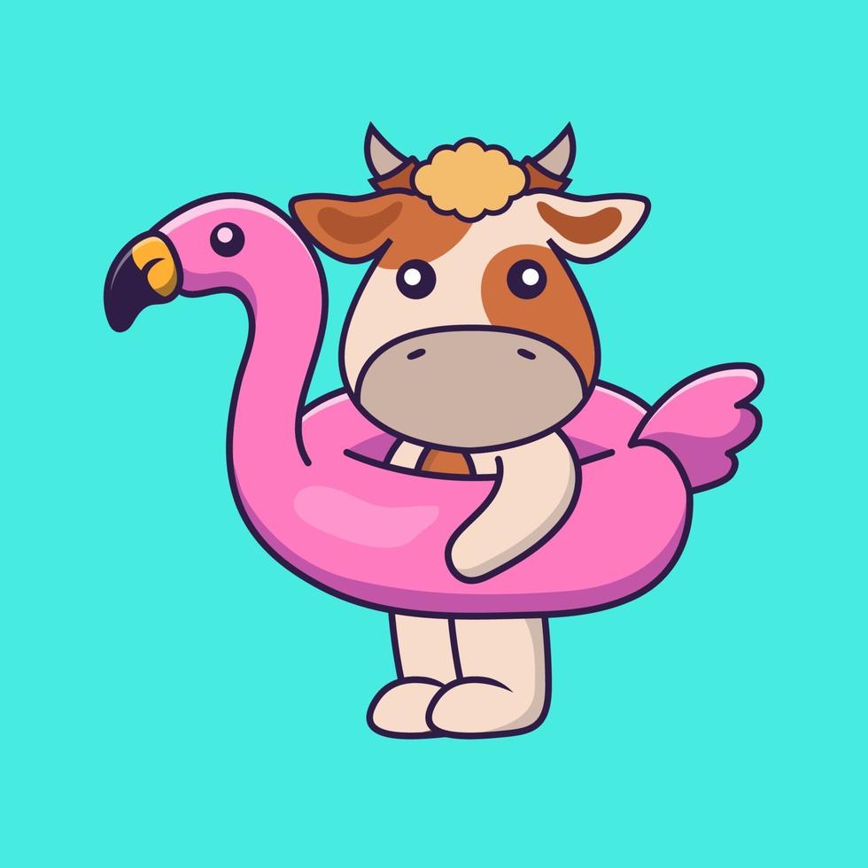 linda vaca con boya flamingo. vector