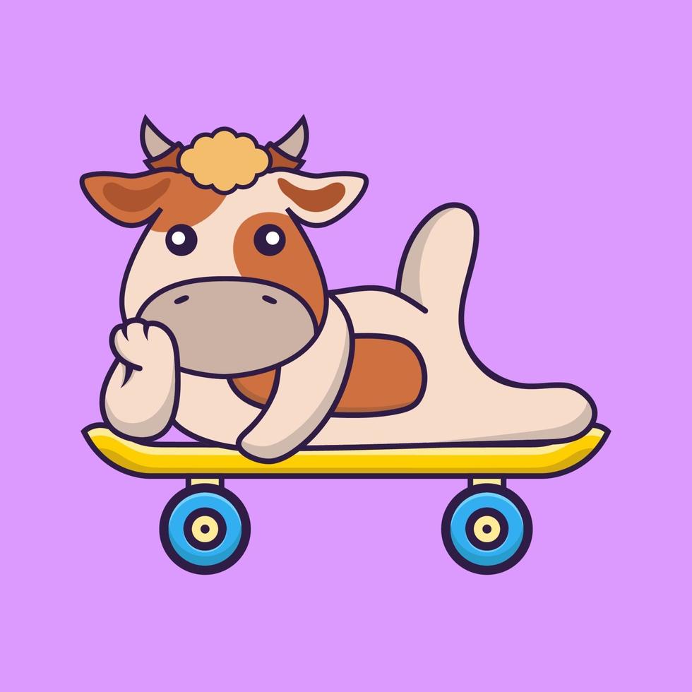 Cute cow lying on a skateboard. vector