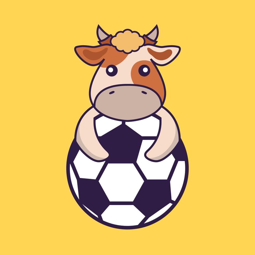 linda vaca jugando al fútbol. vector