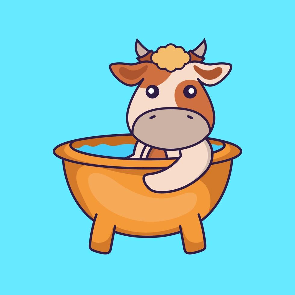 Cute cow taking a bath in the bathtub. vector