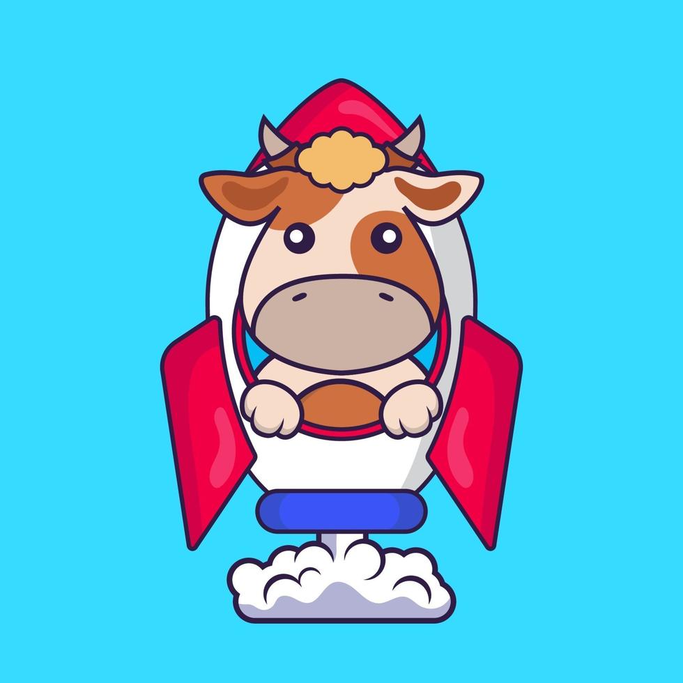 Cute cow flying on rocket. vector