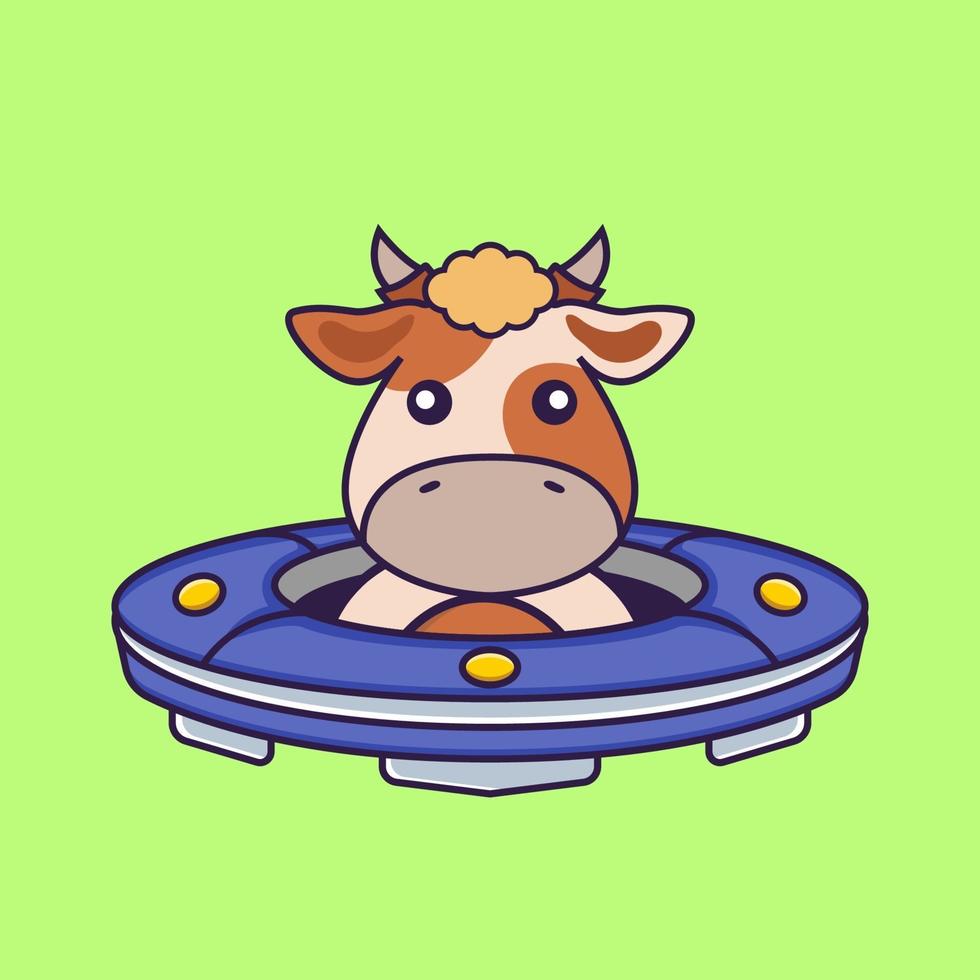 Cute cow Driving Spaceship Ufo. vector