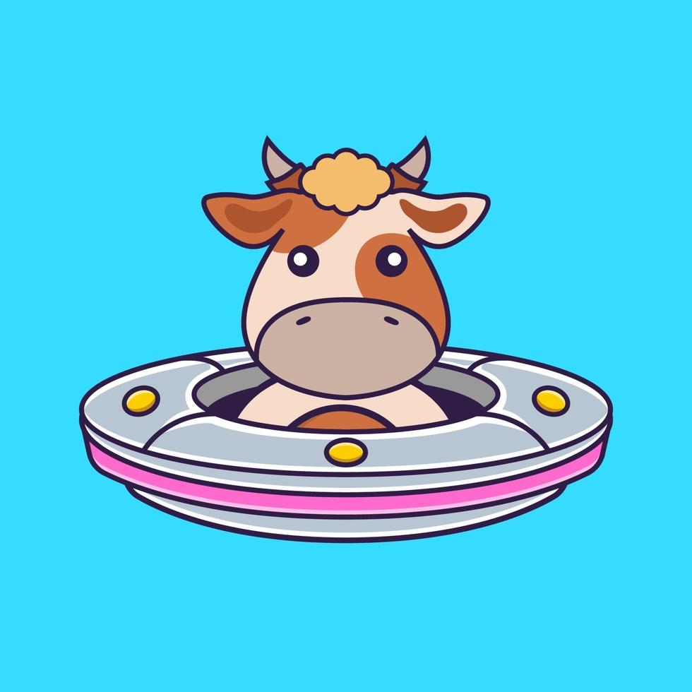 Cute cow Driving Spaceship Ufo. vector