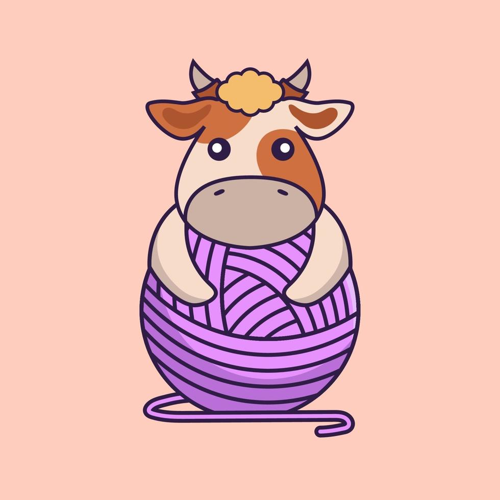 Cute cow playing with wool yarn. vector