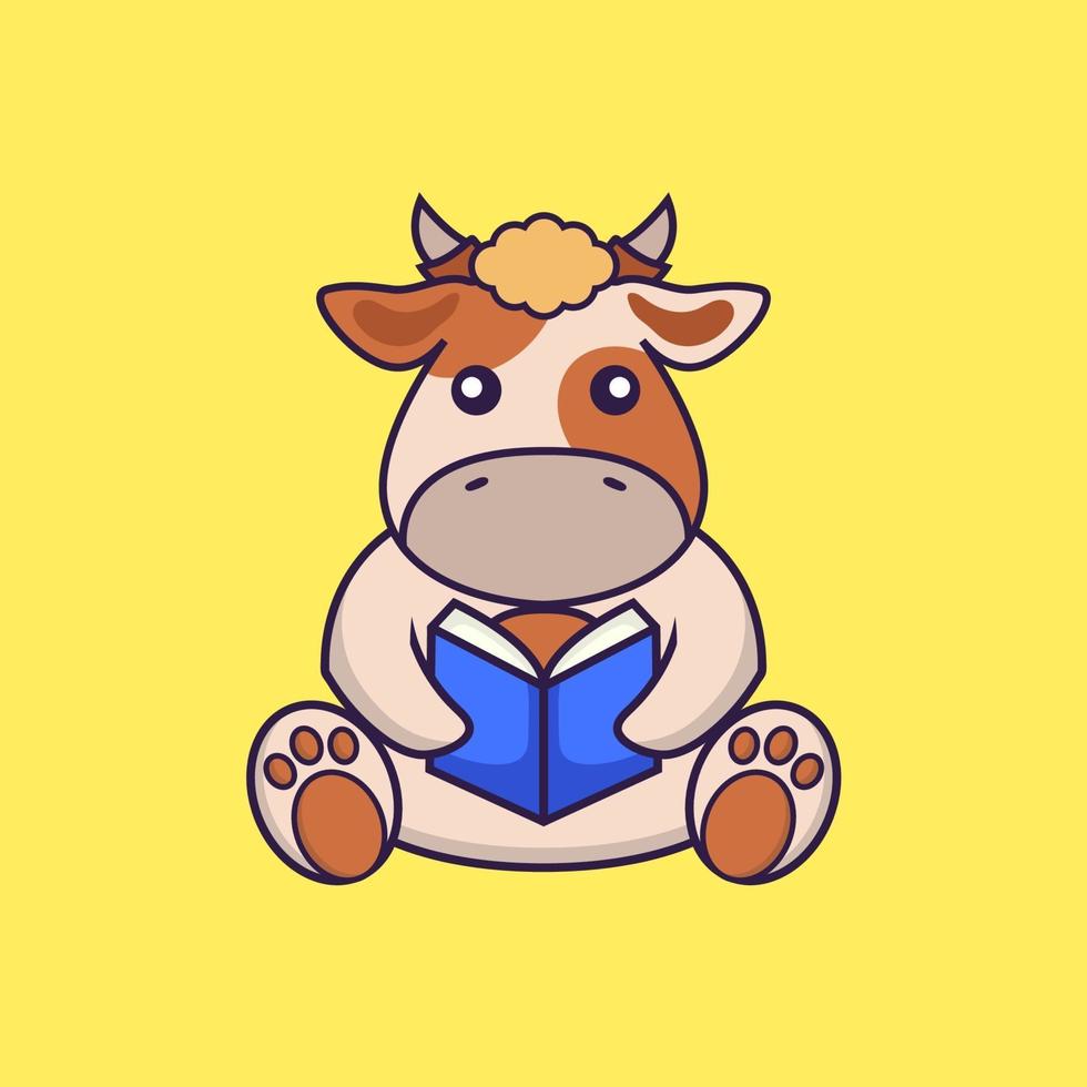Cute cow reading a book. vector