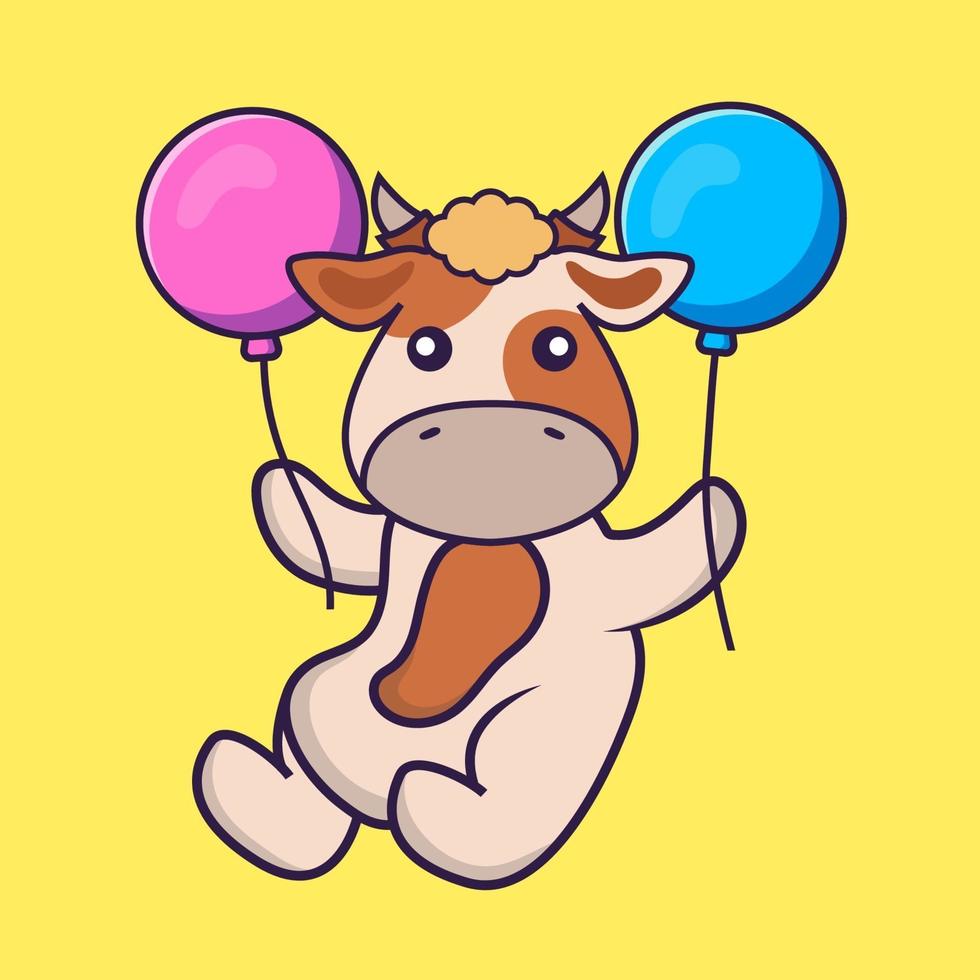 Cute cow flying with two balloons. vector