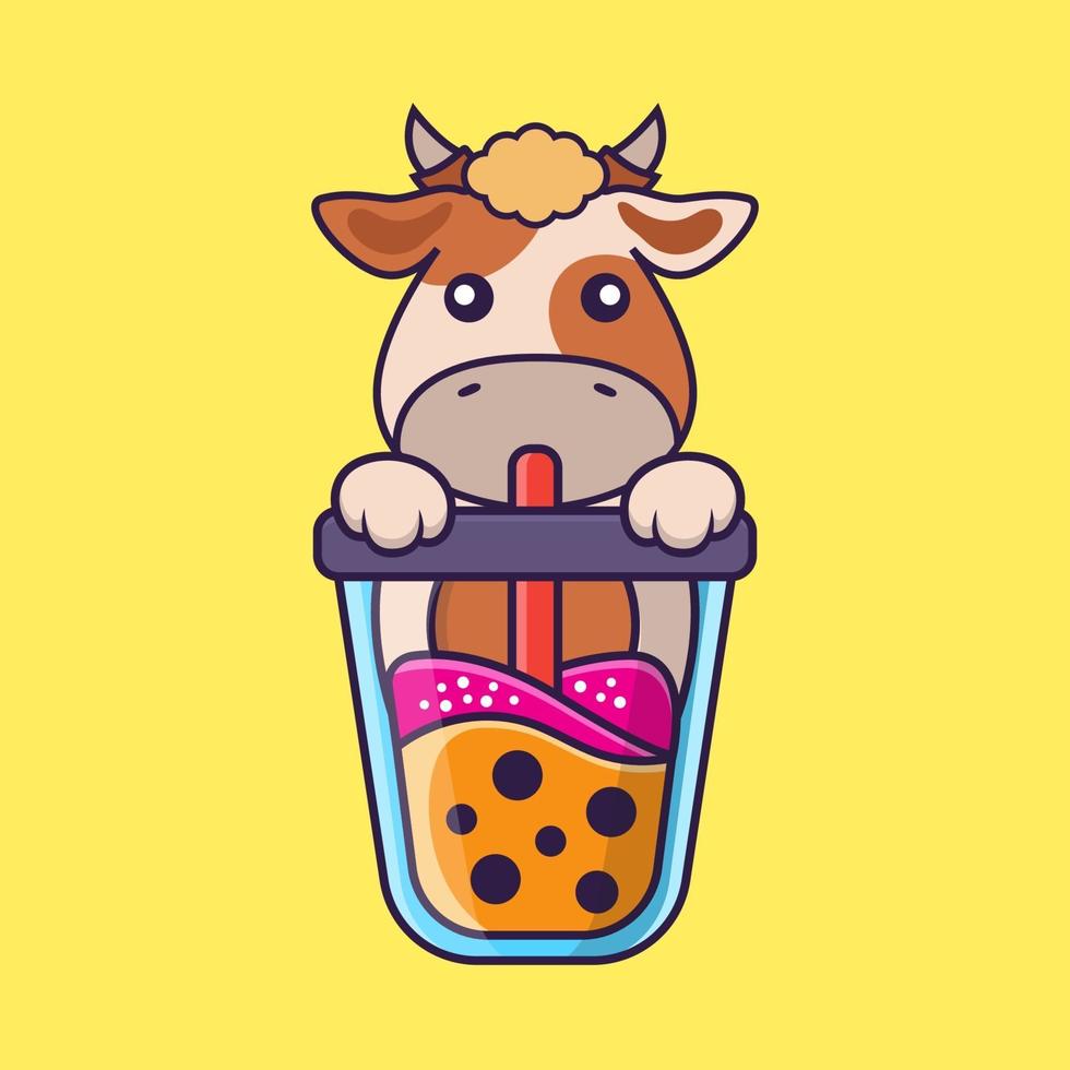 Cute cow Drinking Boba milk tea. vector