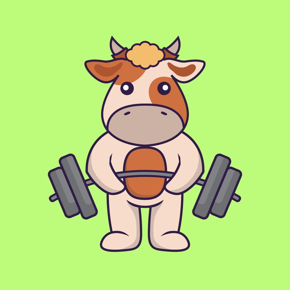 Cute cow lifts the barbell. vector