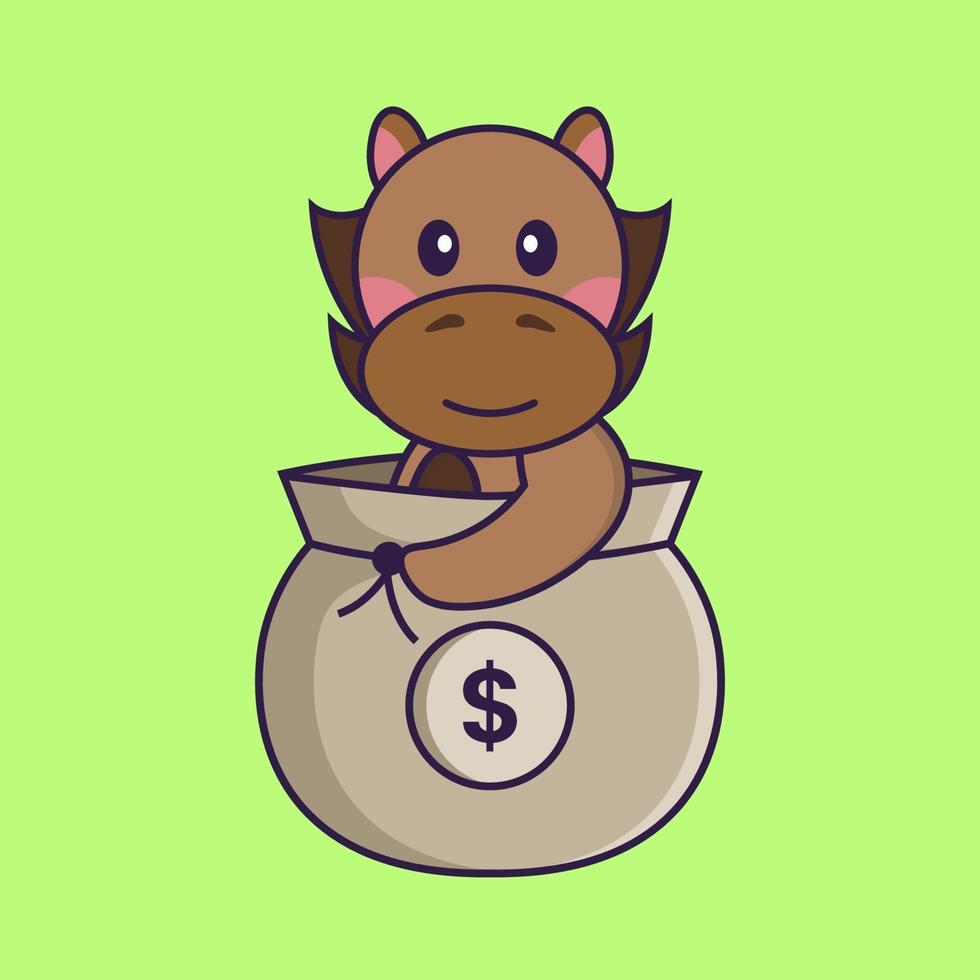 Cute horse in a money bag. vector