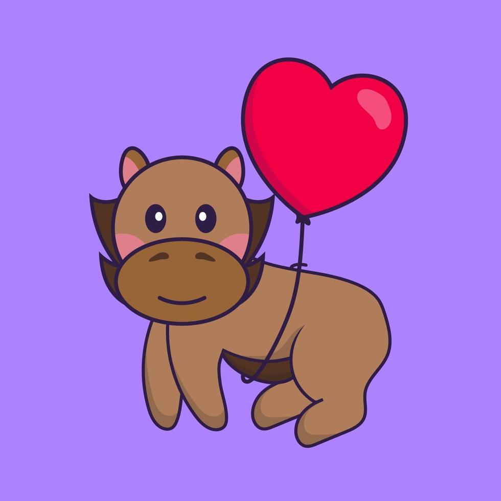 Cute horse flying with love shaped balloons. vector