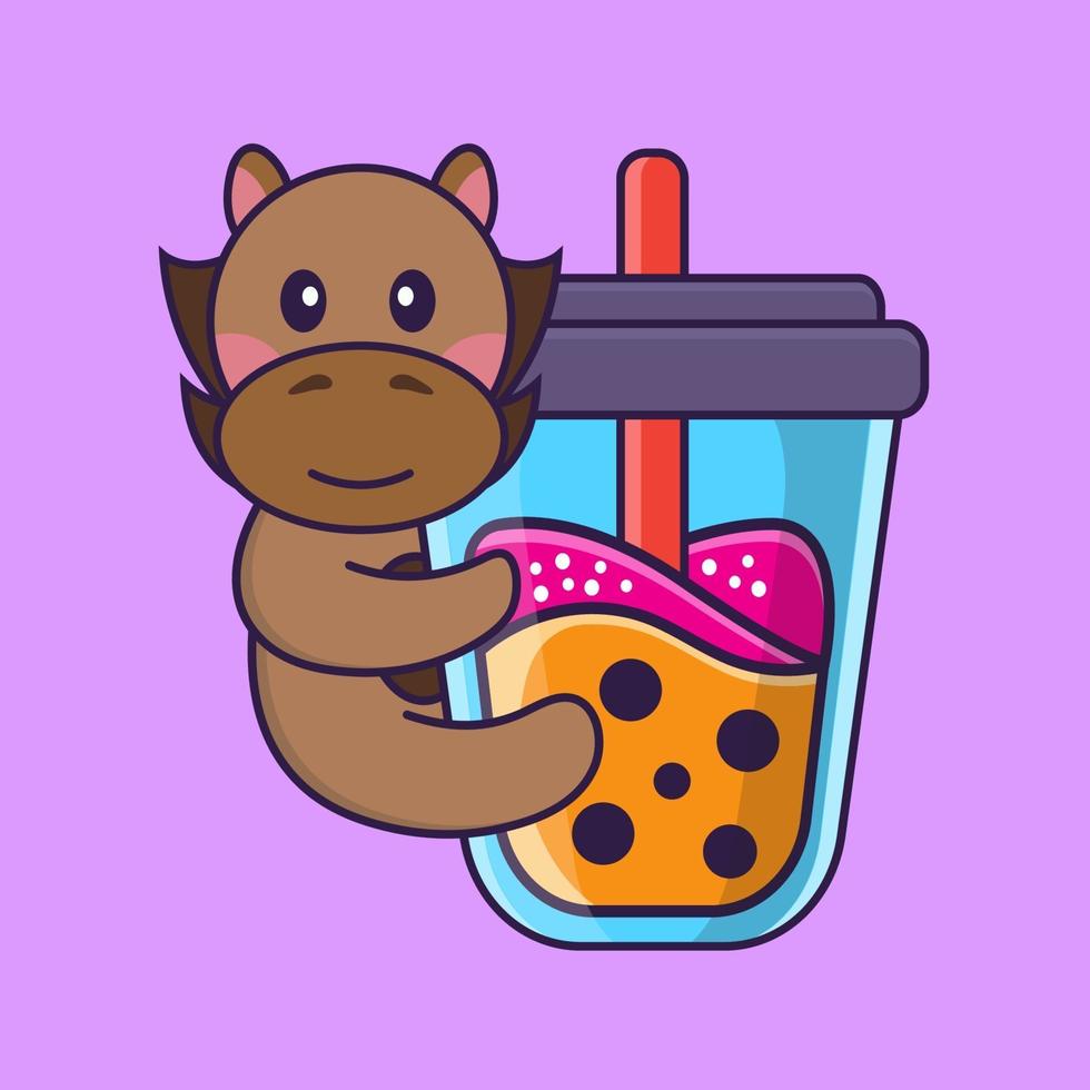 lindo caballo bebiendo té con leche boba. vector