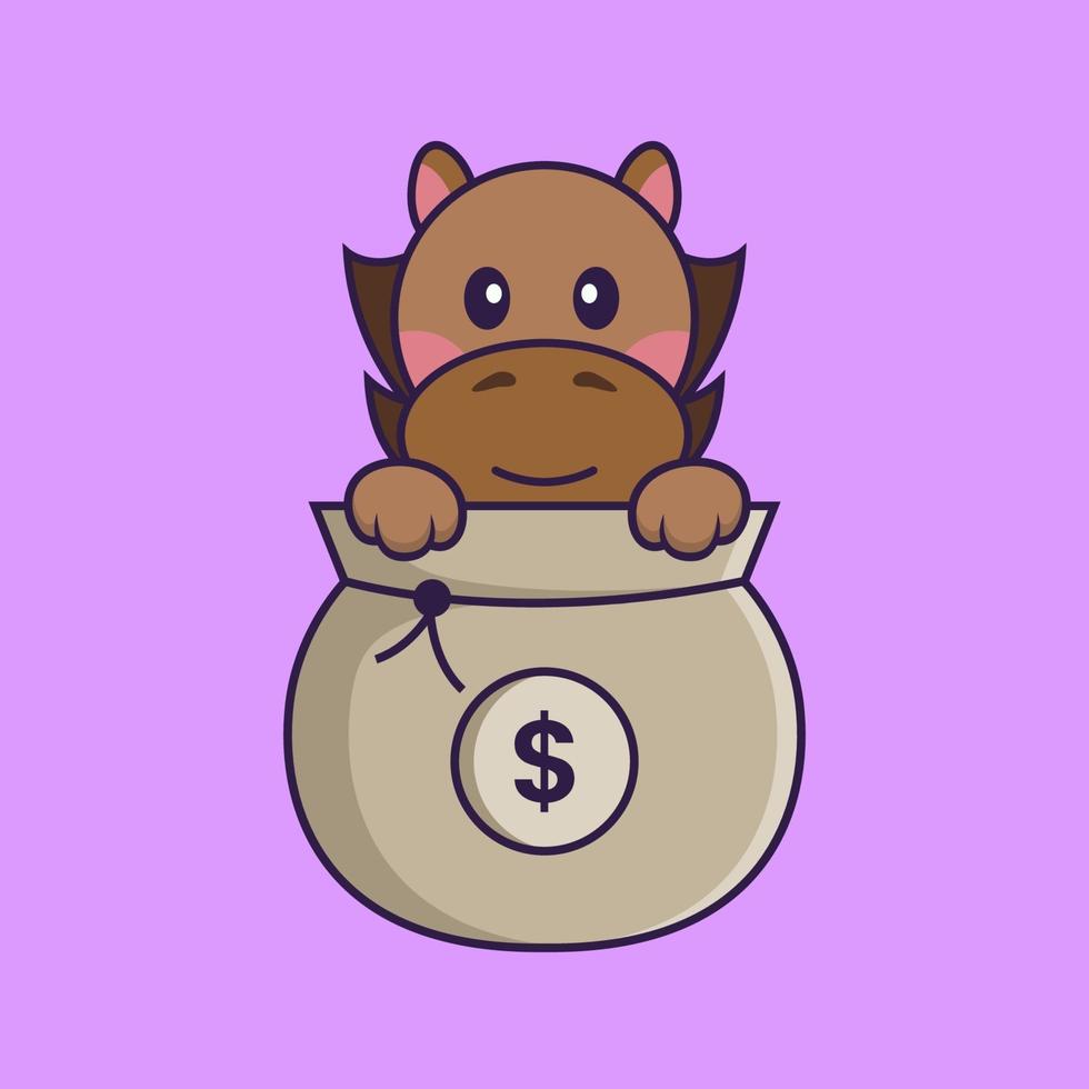 lindo caballo jugando en la bolsa de dinero. vector