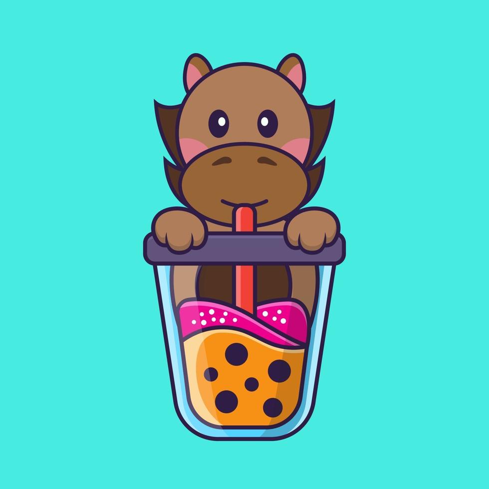 Cute horse Drinking Boba milk tea. vector