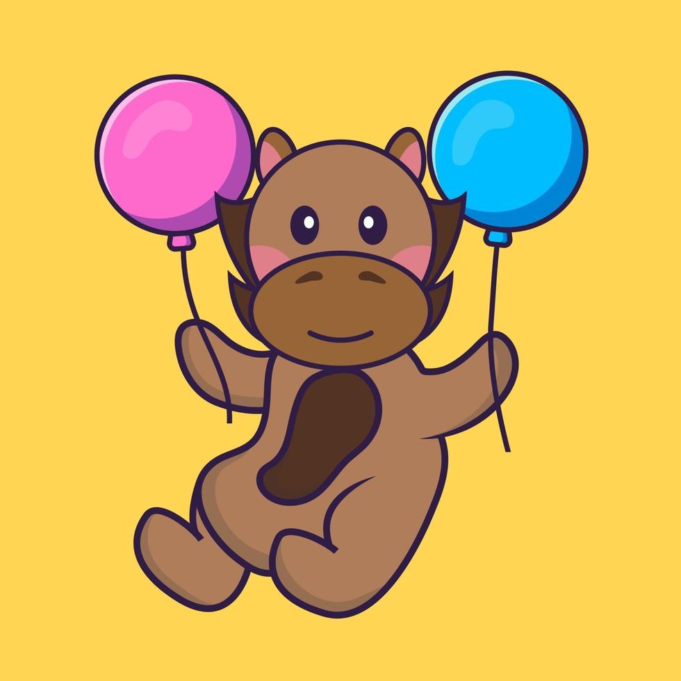 Cute horse flying with two balloons. vector