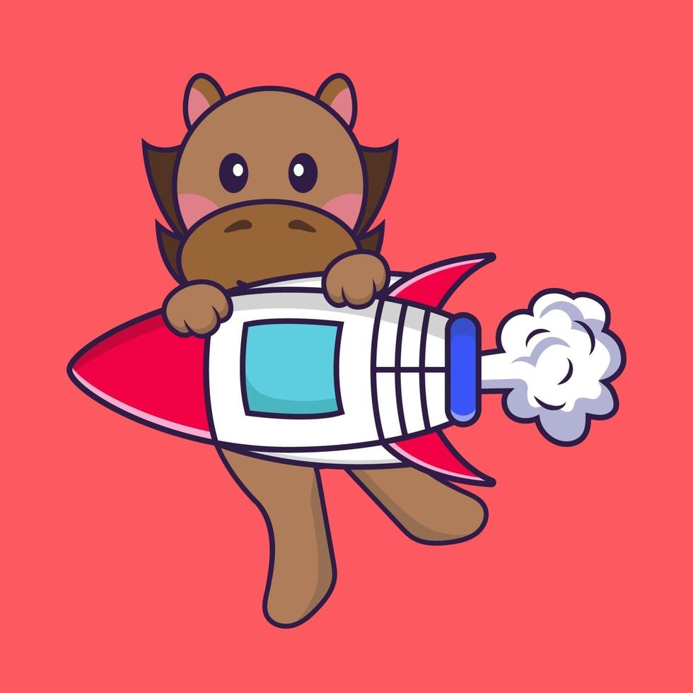 Cute horse flying on rocket. vector