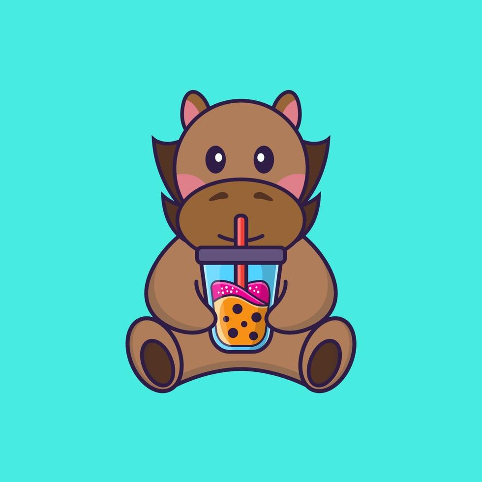 Cute horse Drinking Boba milk tea. vector